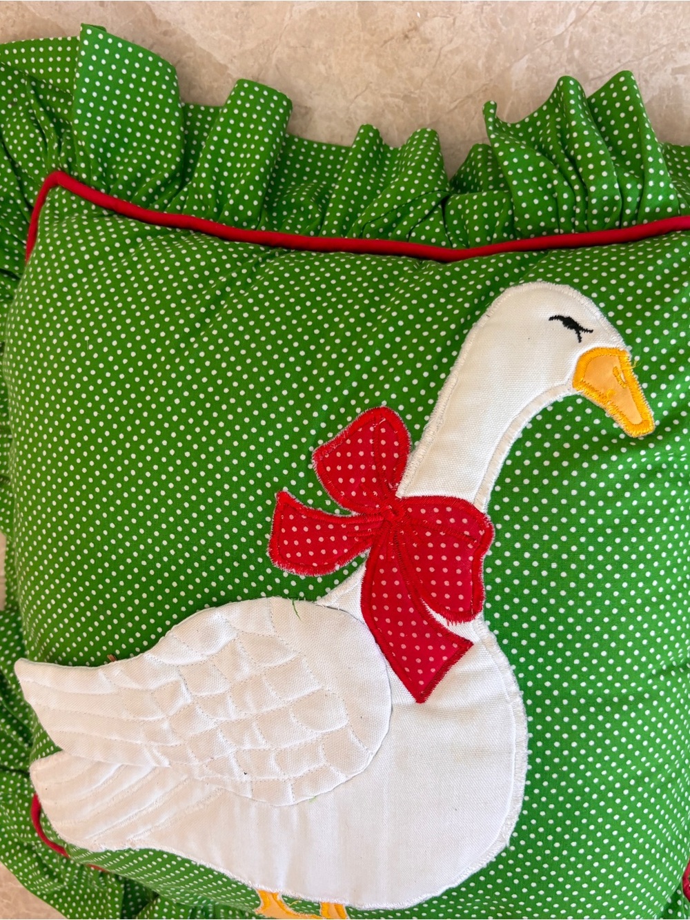 Set of Two Vintage Handmade Quilted Goose Pillows Green and White Polka Dot - Picture 5 of 16